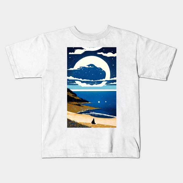 Starry Blue Moon bay abstract line art Kids T-Shirt by PsychicLove